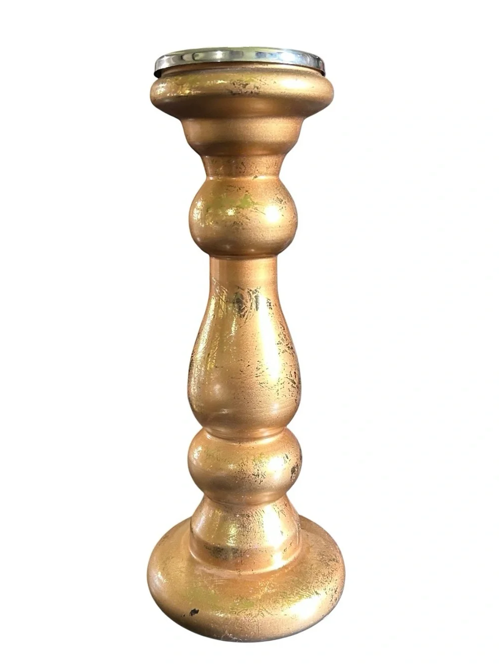 Glass Candle Pillar Metallic Gold Textured Look 12” New